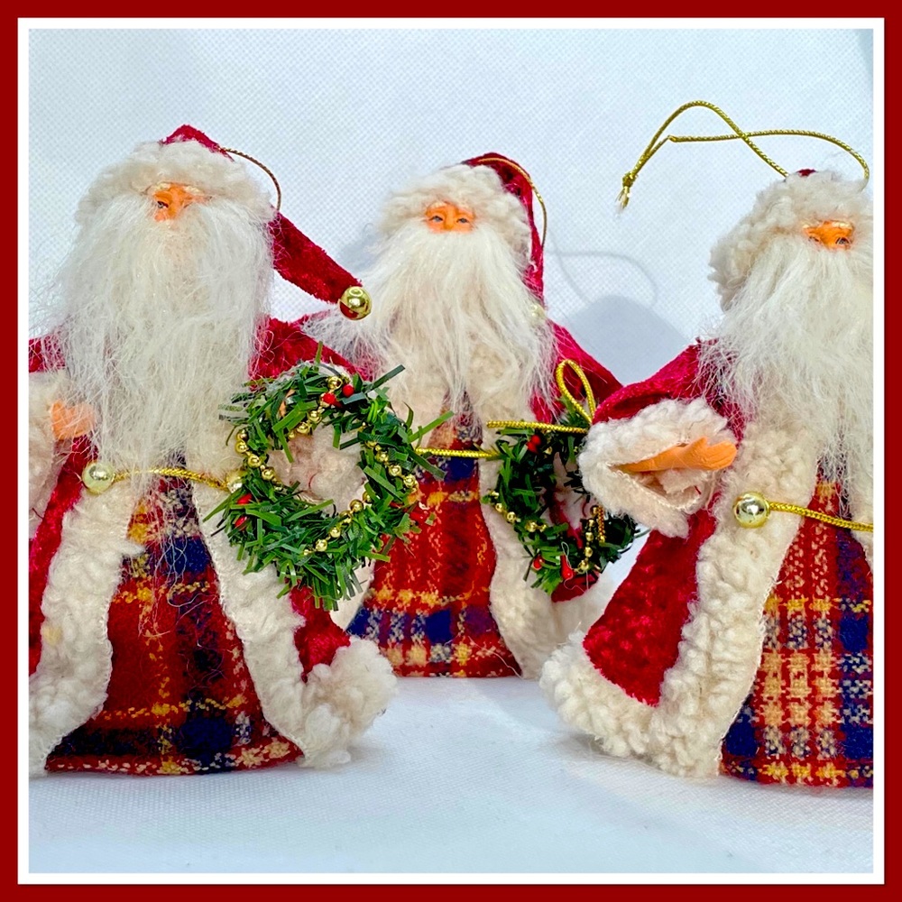 Vintage Tartan Santa Claus Christmas Tree Ornaments Set of 3